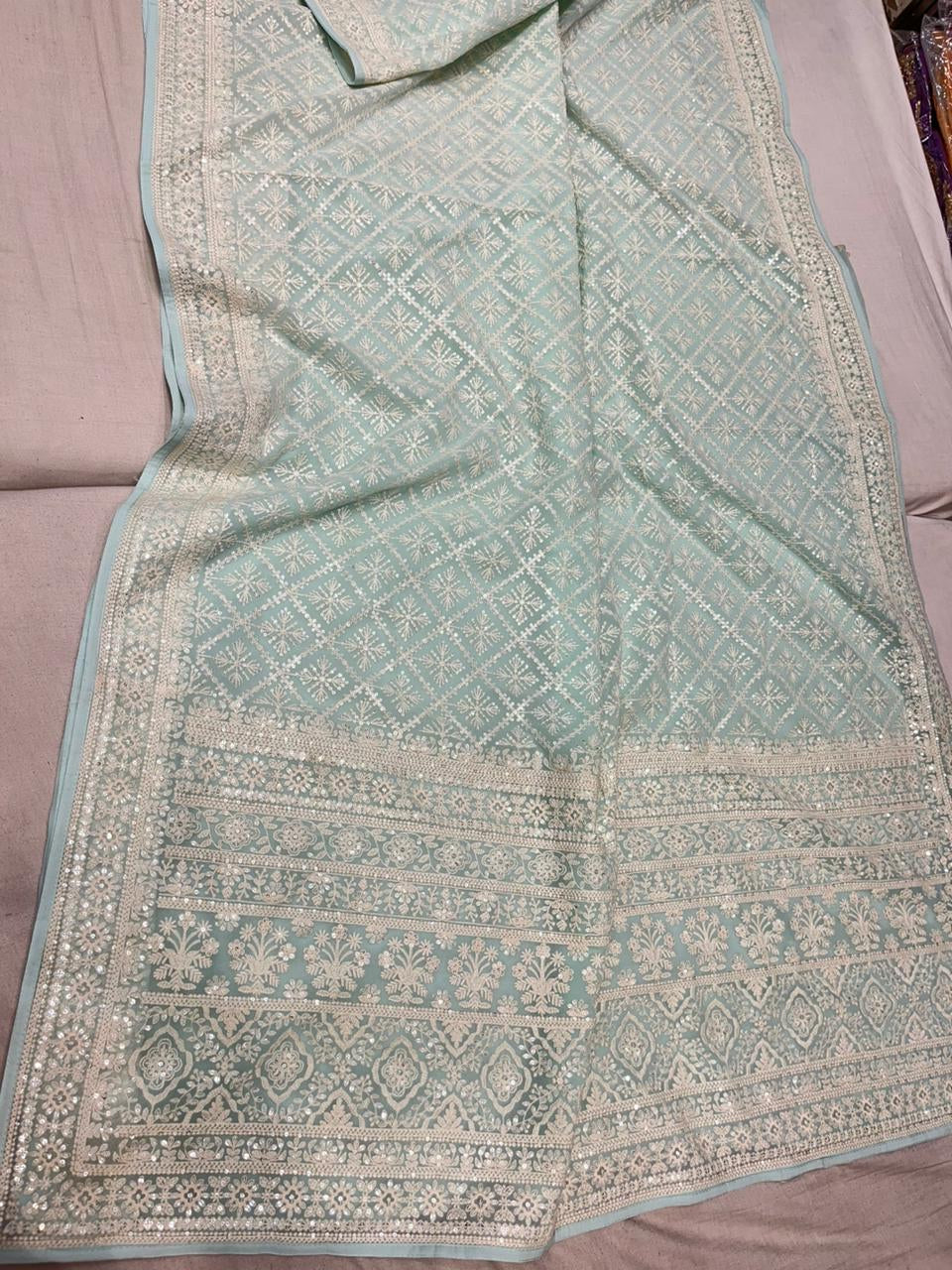 Sequins chikankari saree Indian Gorgette saree - Saffronfashionindia