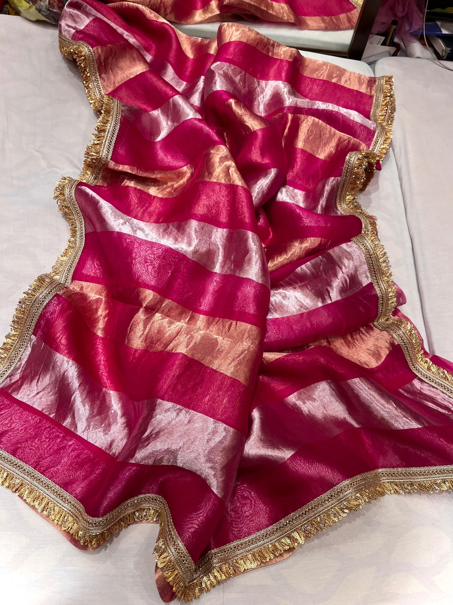Striped Tissue Organza Saree Partywear Sari - Saffronfashionindia