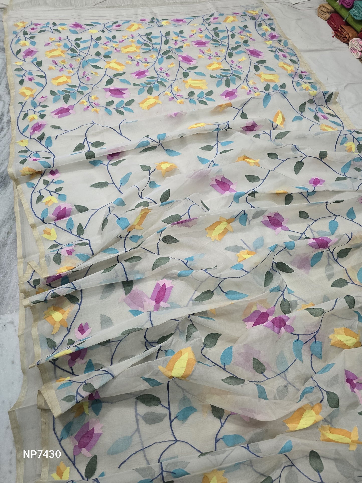 Blossom floral Jamdani saree Bengal heritage saree blouse Saffronfashionindia