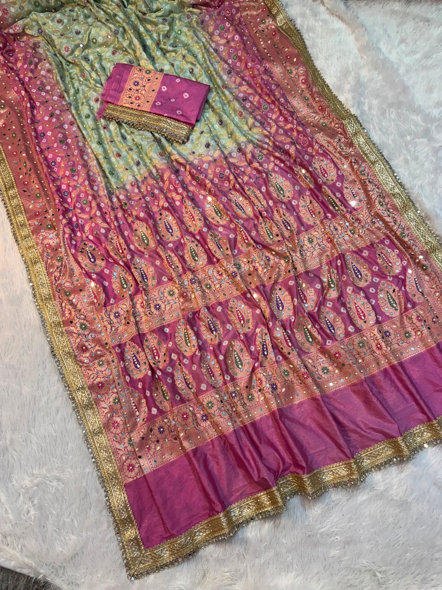 Banarsi soft Bandhej silk saree Indian saree women sari blouse SaffronFashion