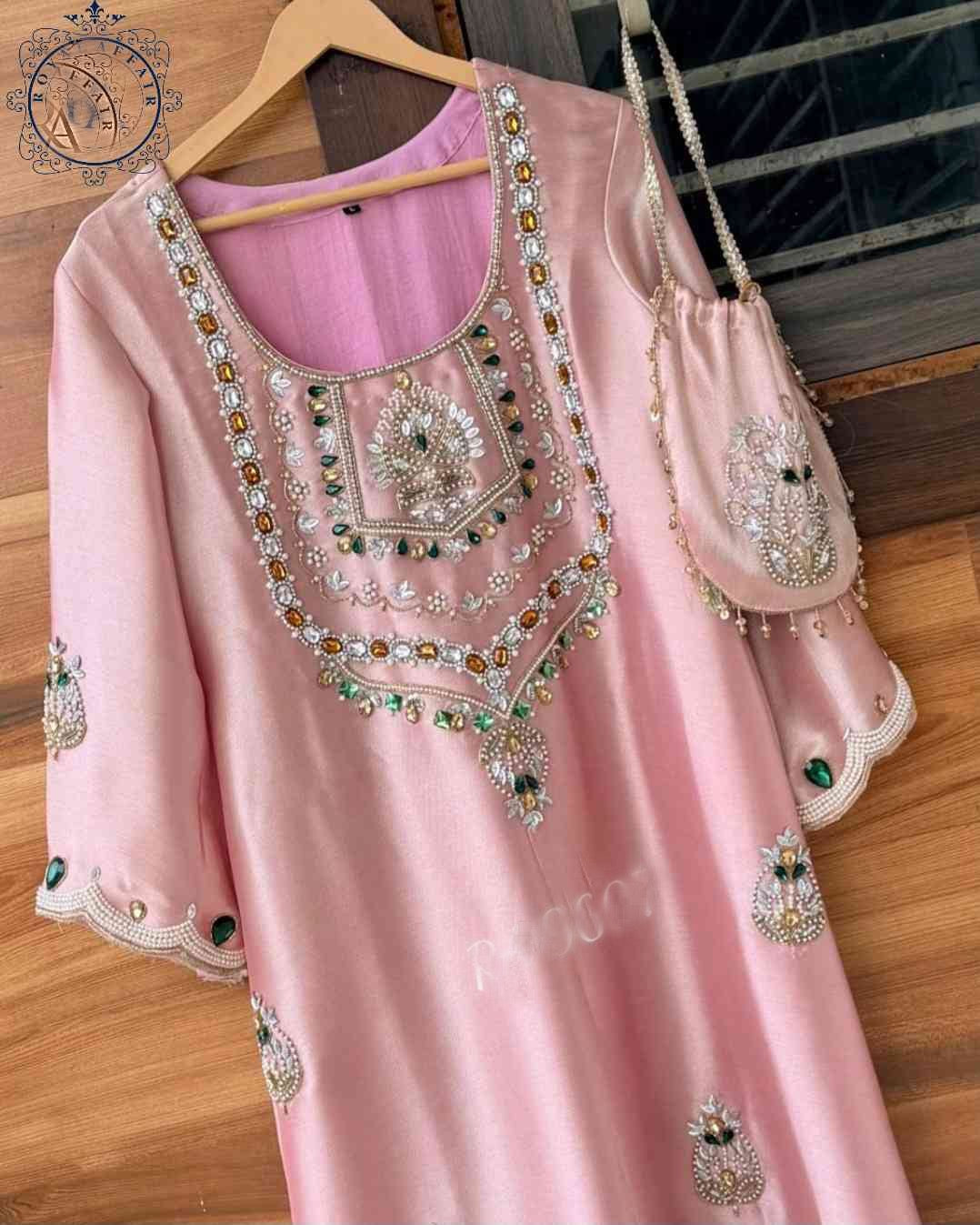 Hand embroidered designer dress partywear shirt dress with potli SaffronFashion