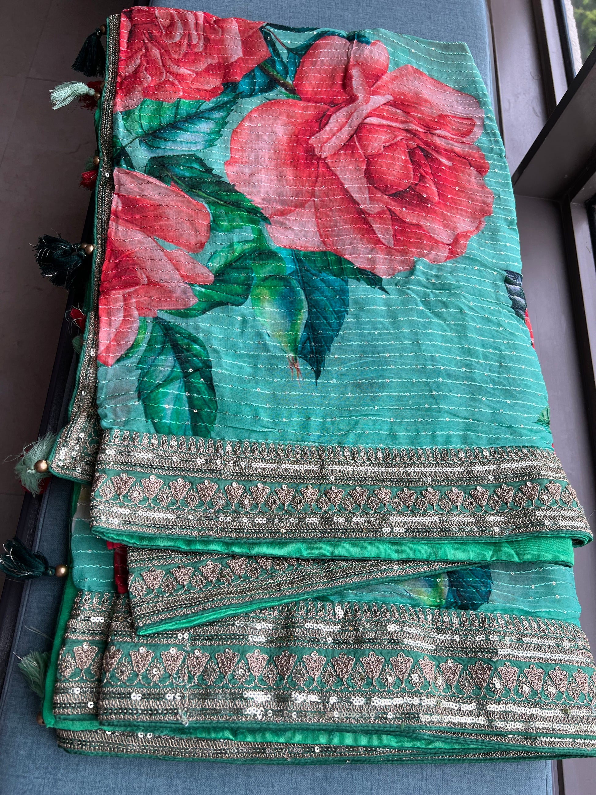 Floral elegant Gorgette saree green saree - Saffronfashionindia
