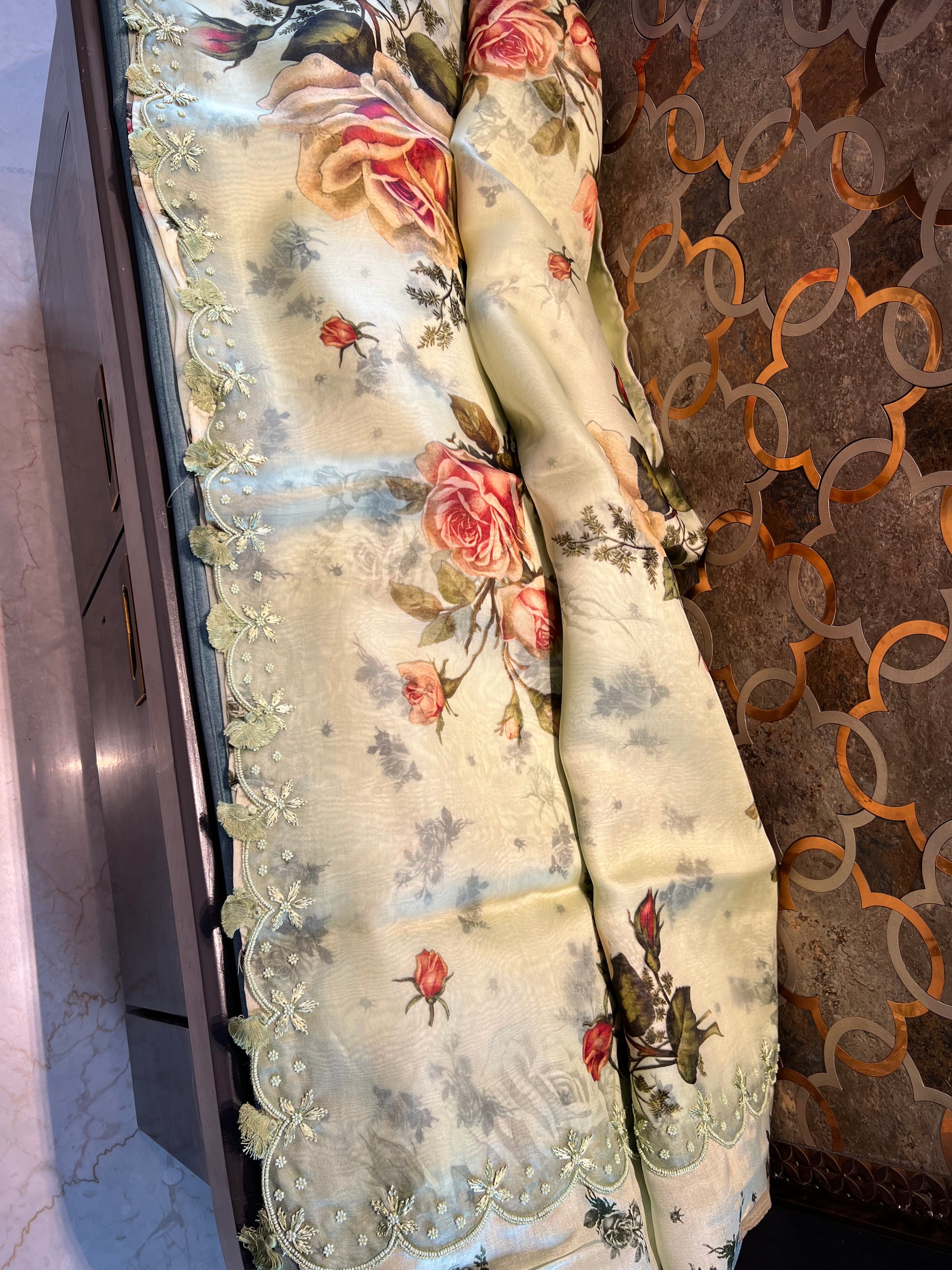 Digital printed Organza Floral Saree Partywear sari - Saffronfashionindia