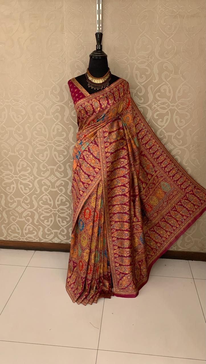 Luxury Kani saree handwoven traditional sarees blouse SaffronFashion