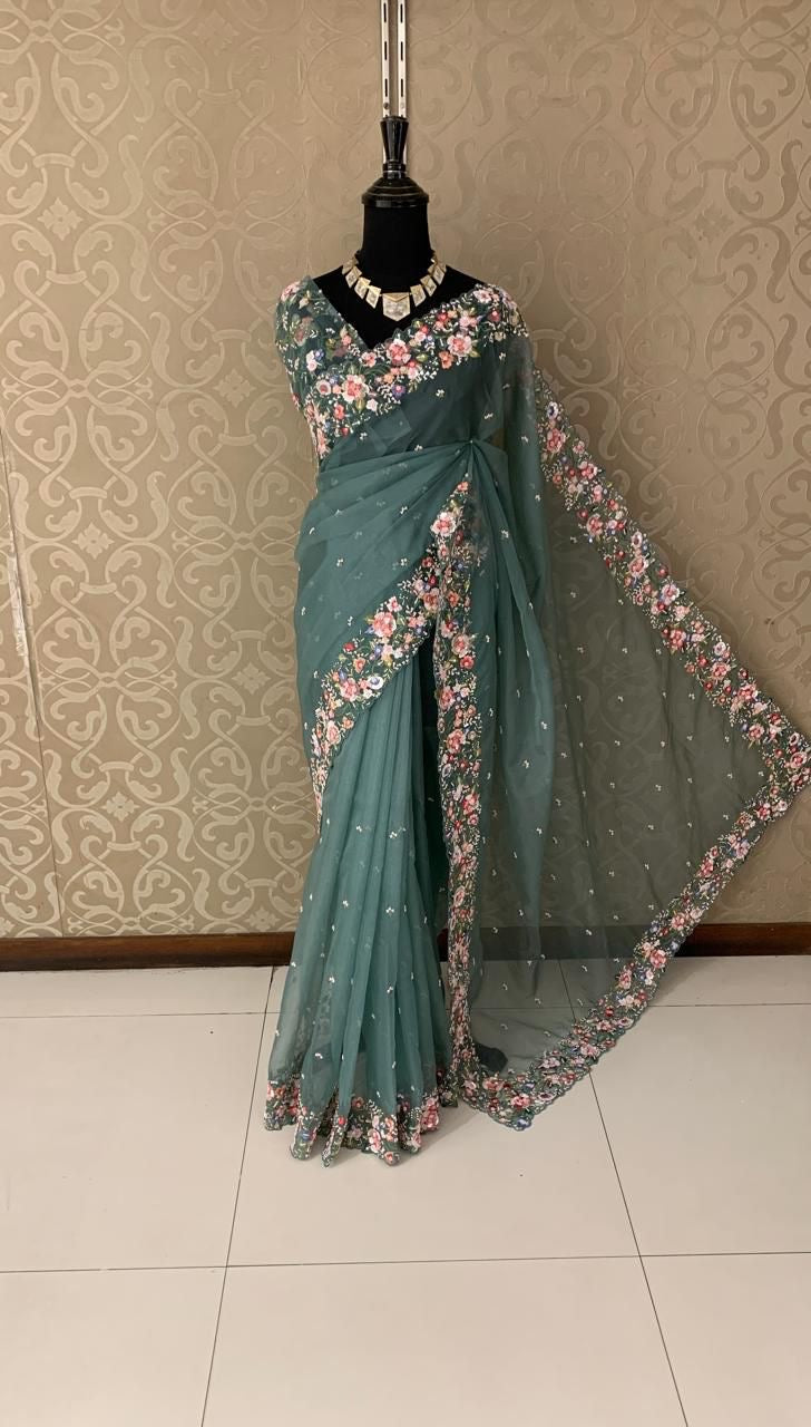 Oluquent organza saree Partywear saree blouse - Saffronfashionindia
