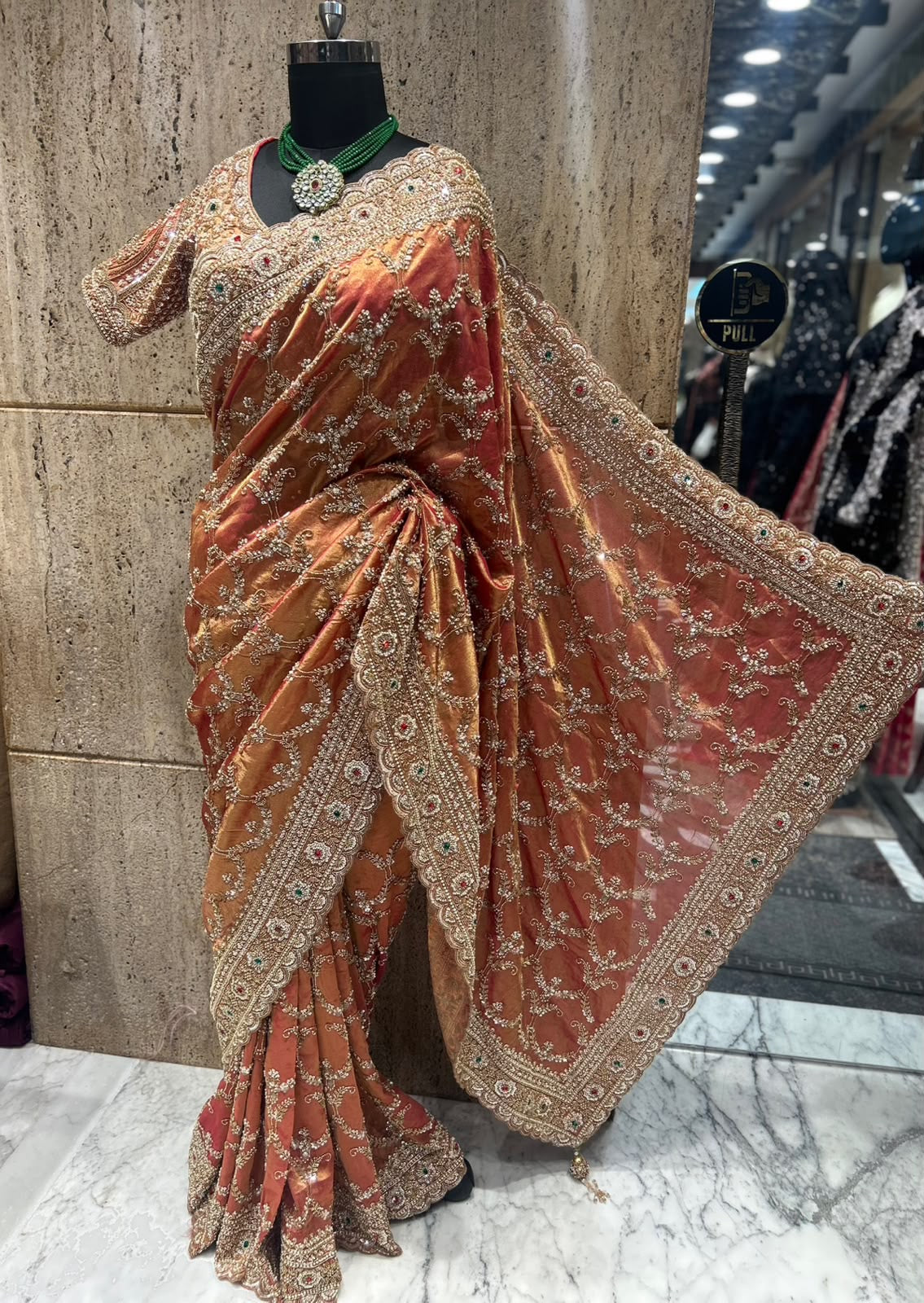 Bridal Silk Saree in Rust Copper | Heavy Embroidered Wedding Saree | Indian Wedding Saree | Designer Banarasi Style Saree | Festive Saree SaffronFashion