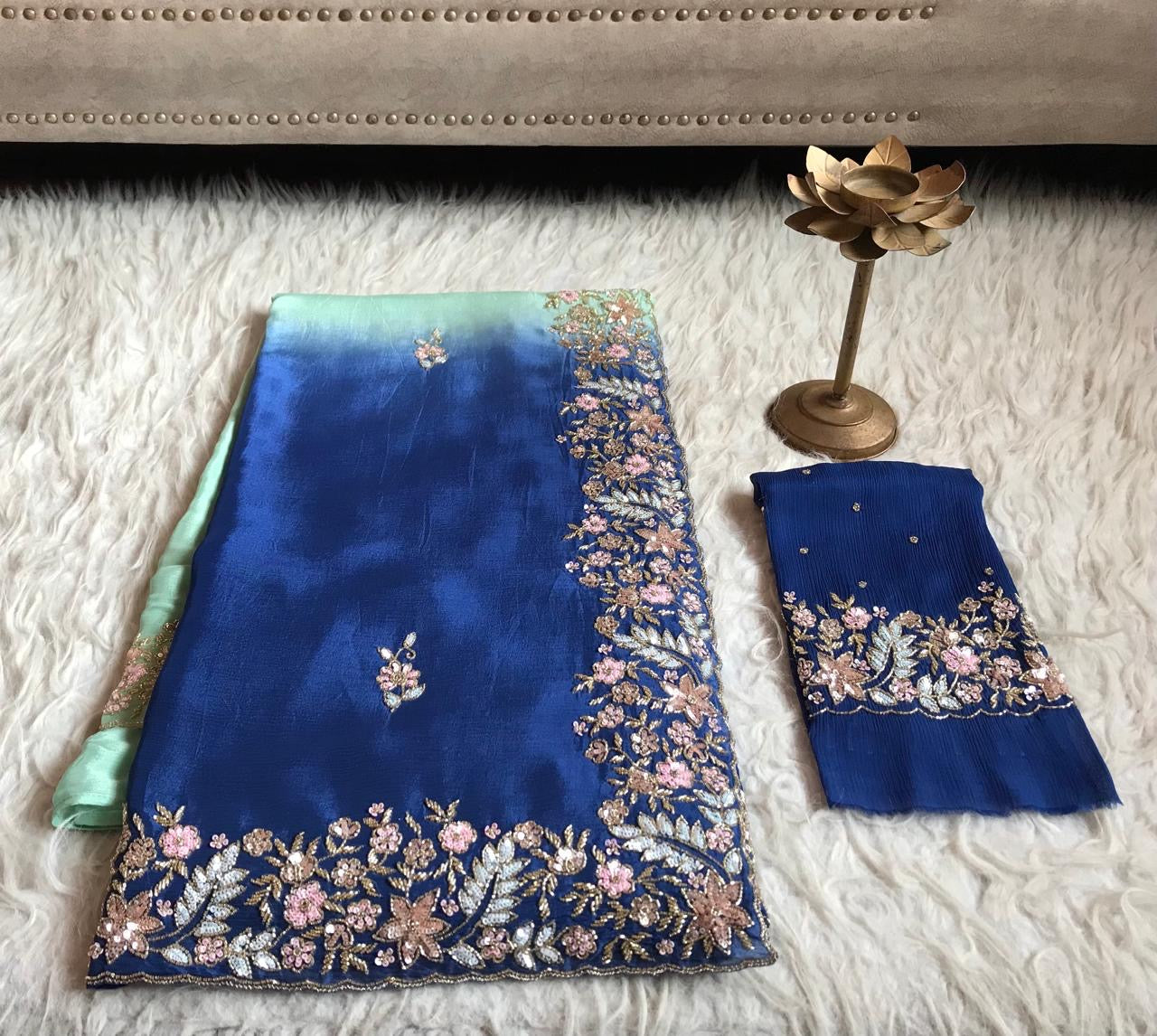 Chinon crepe saree draping saree shaded saree - Saffronfashionindia