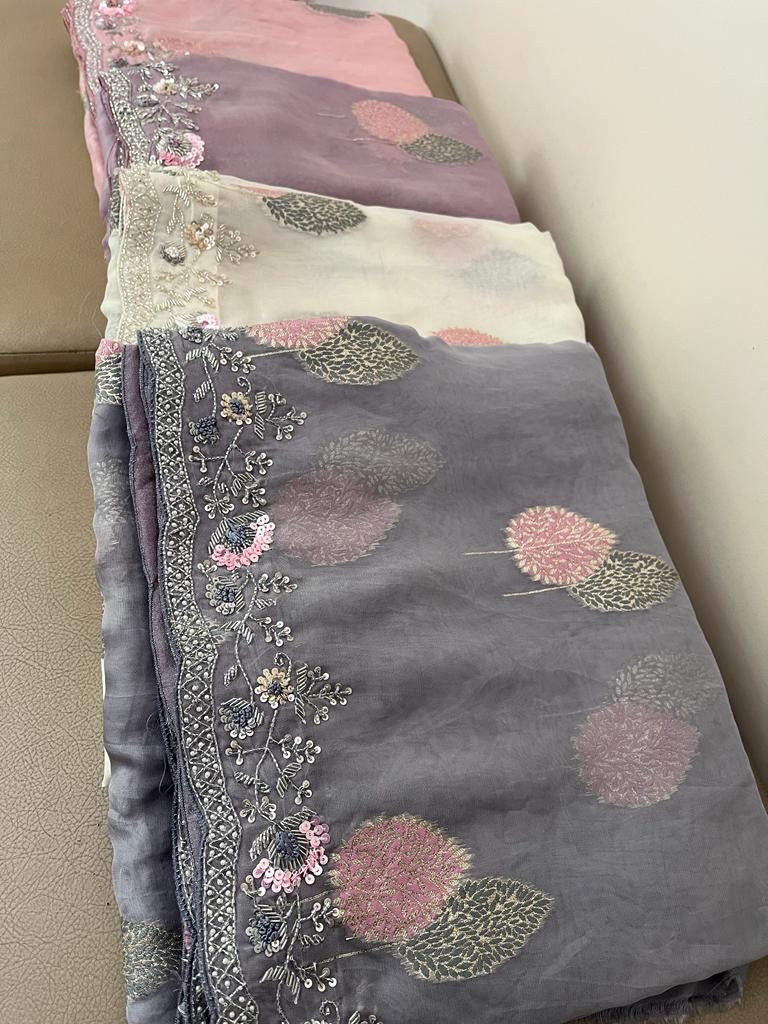 Floral weaved handwoven organza saree - Saffronfashionindia