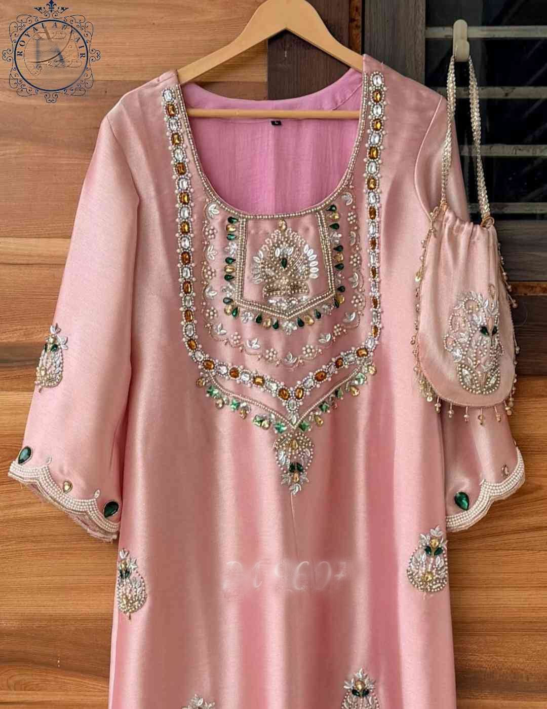 Hand embroidered designer dress partywear shirt dress with potli SaffronFashion
