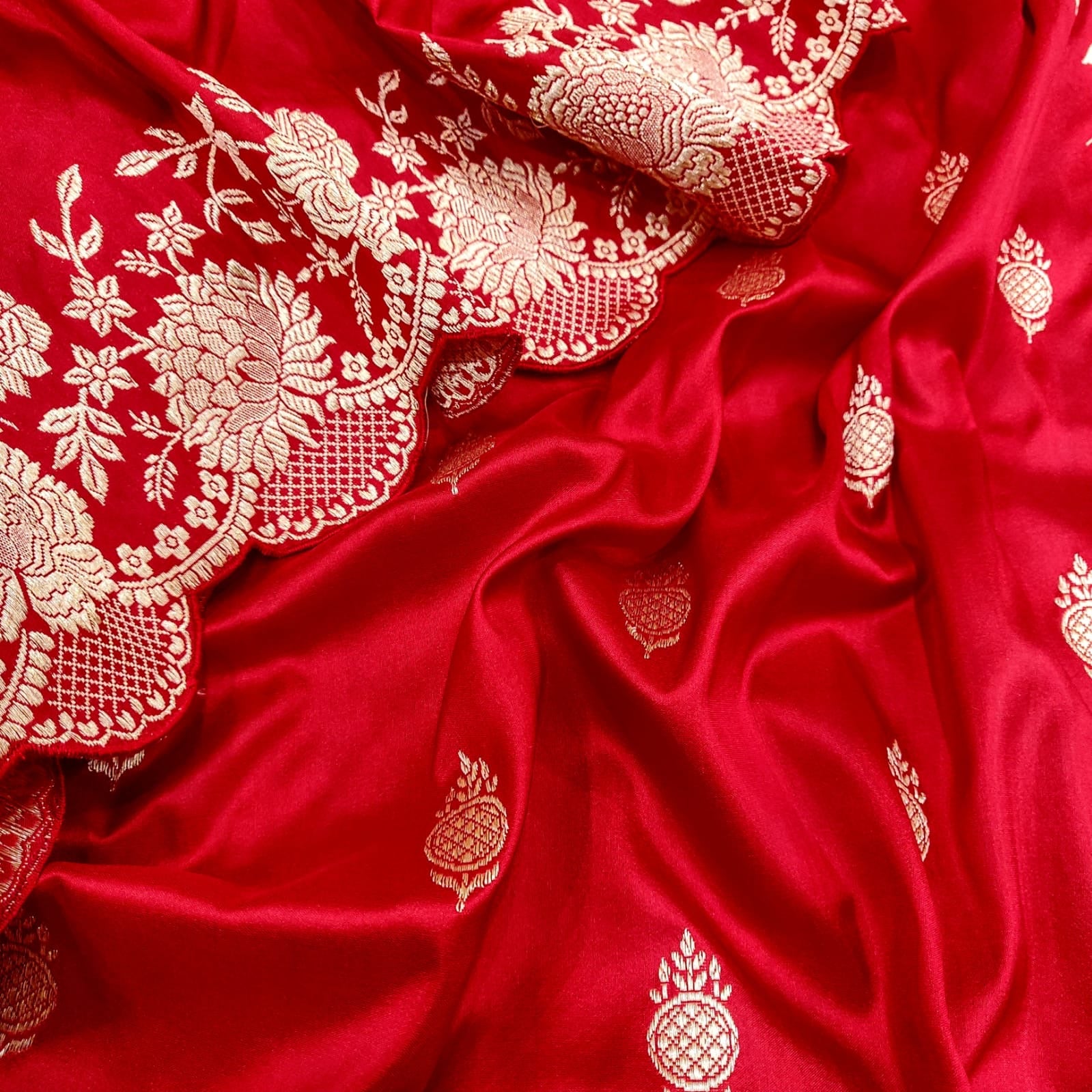 Bridal inspired red Katan saree - Saffronfashionindia