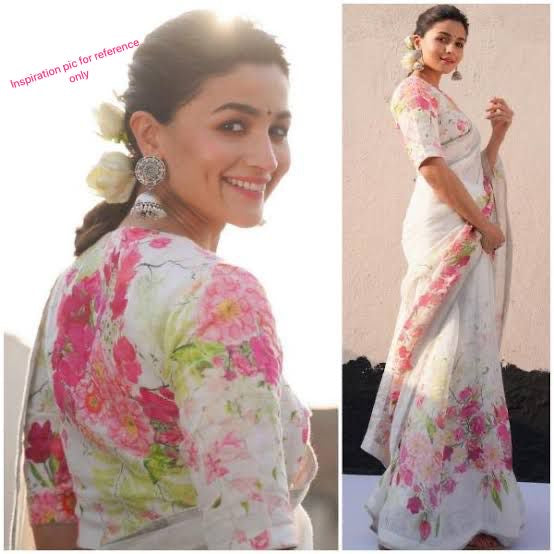 White Floral Linene Elegant Saree Partywear Sari - Saffronfashionindia