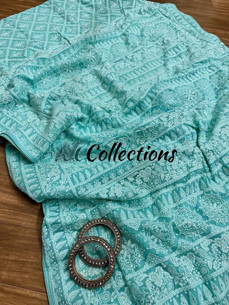 Chikankari beautiful Gorgette sarees women sari - Saffronfashionindia