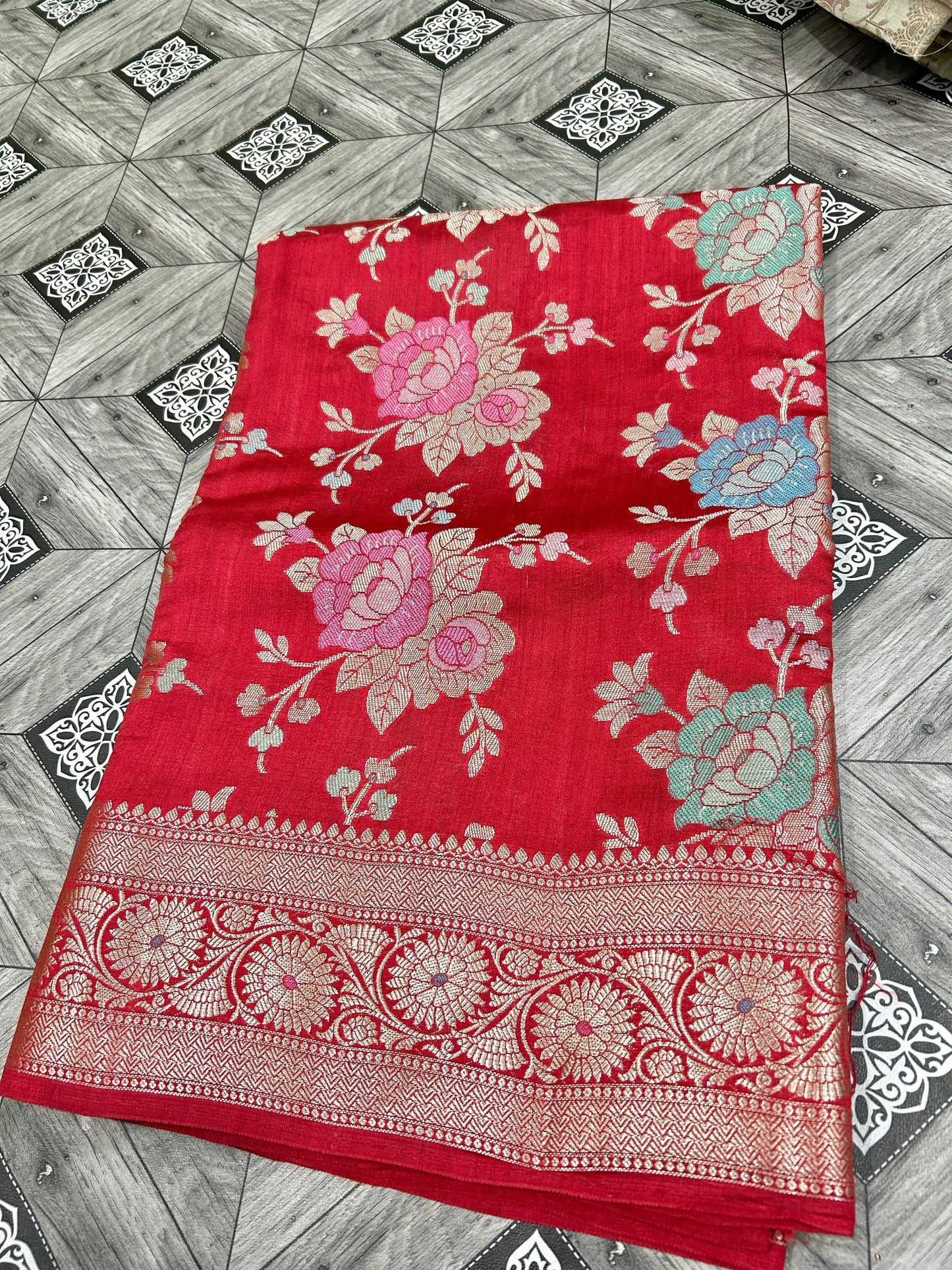Red floral saree chiniya saree katan silk saree women sari blouse SaffronFashion