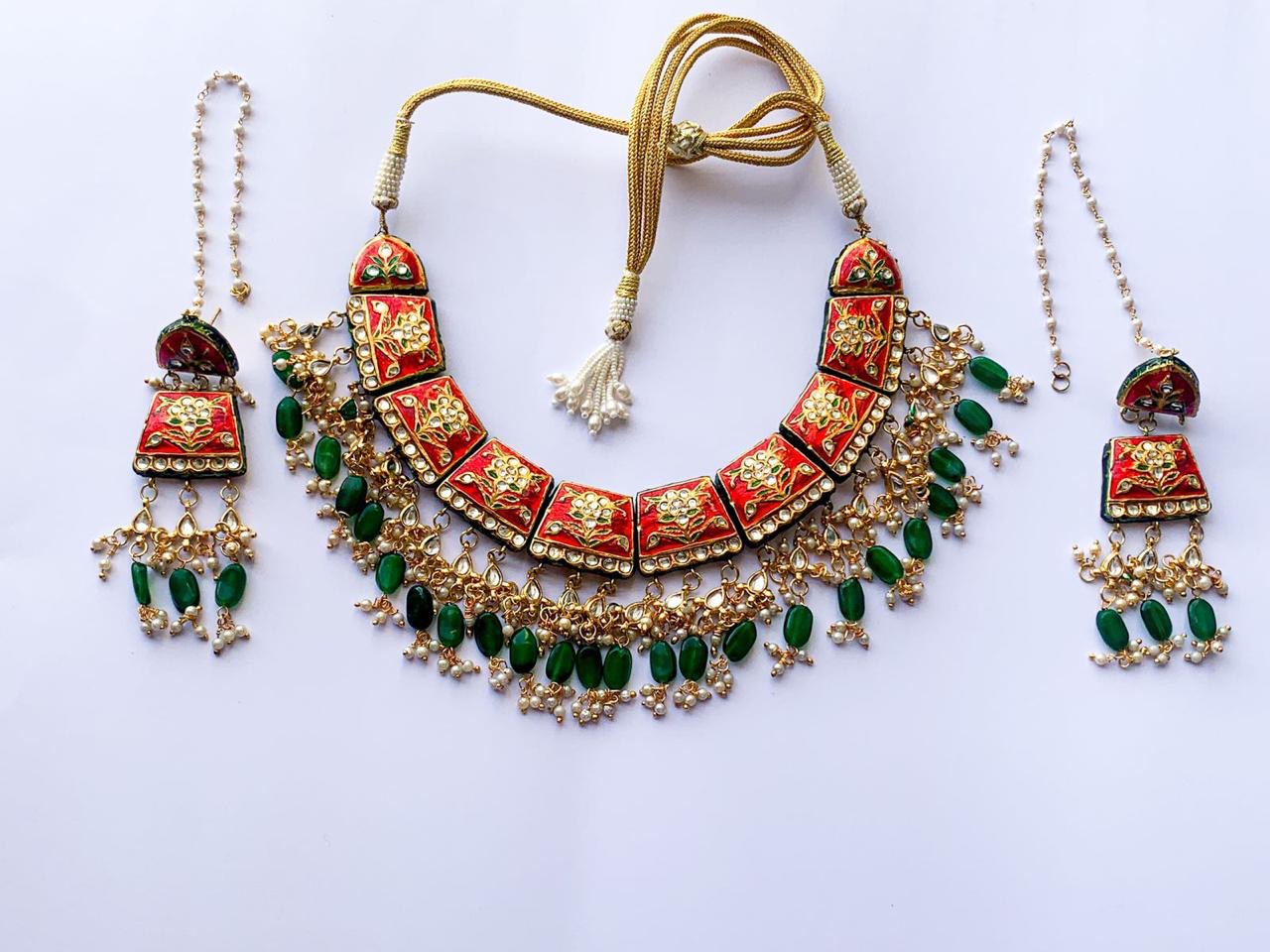 Gulabandi Choker Necklace set Indian jewellery Meenakari necklace set earrings - Saffronfashionindia