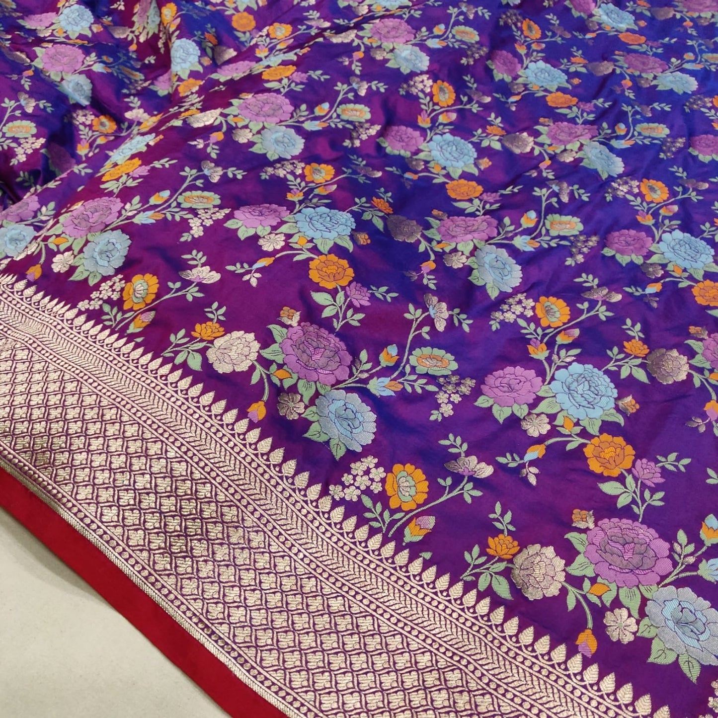 Purple floral katan silk saree handwoven sarees handloom sari SaffronFashion
