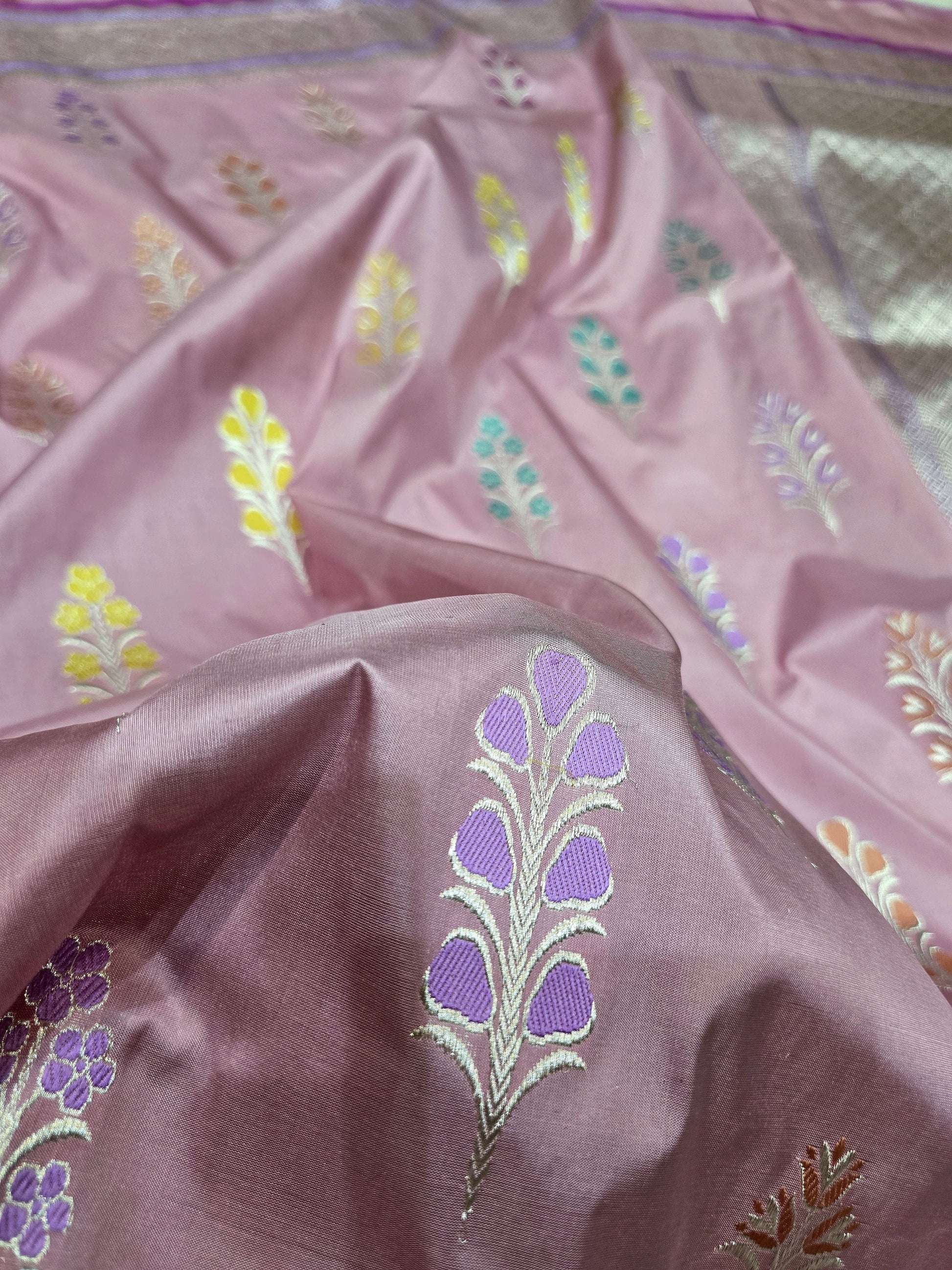 Pink Banarsi saree elegant saree Jamdani tissue sari blouse SaffronFashion