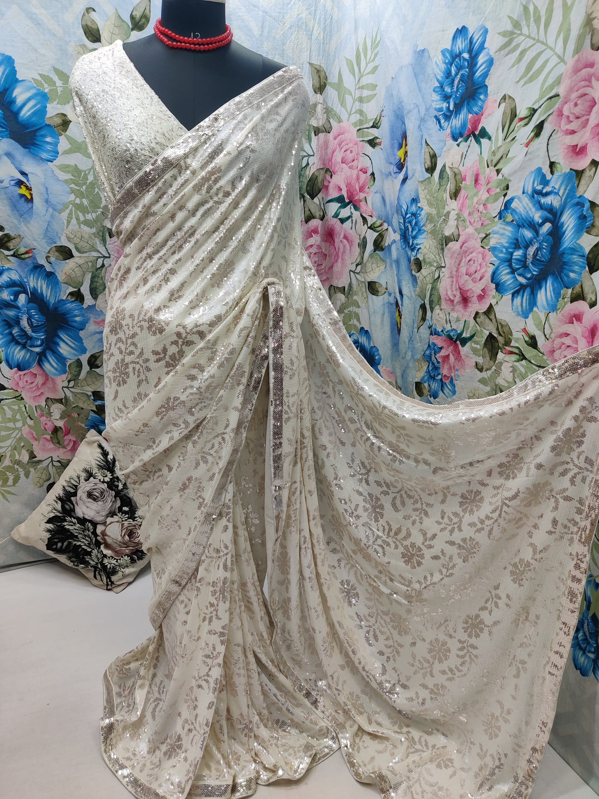 White sequence saree Indian saree party wear sari blouse - Saffronfashionindia