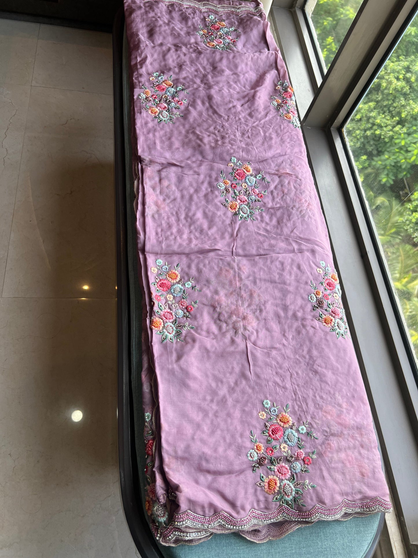 Lavender embroidery saree floral pearl saree reception sari SaffronFashion