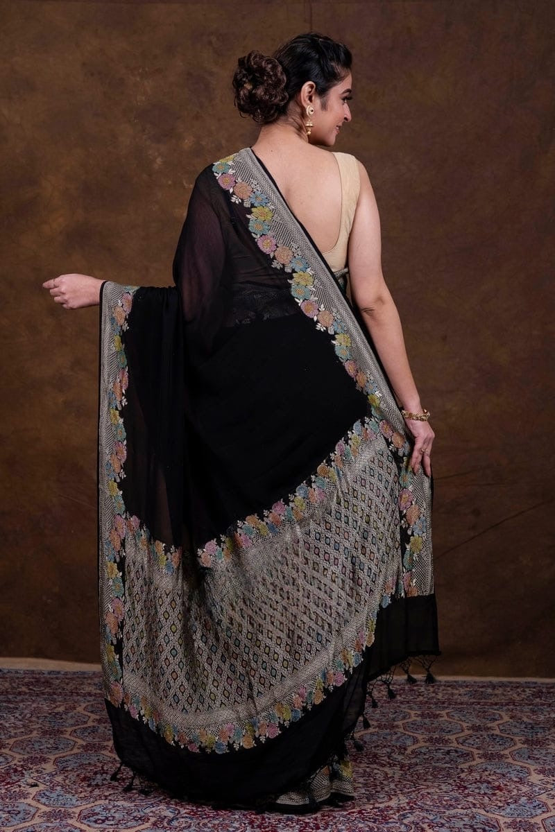 Floral georgette saree khaddi saree Indian sari blouse SaffronFashion