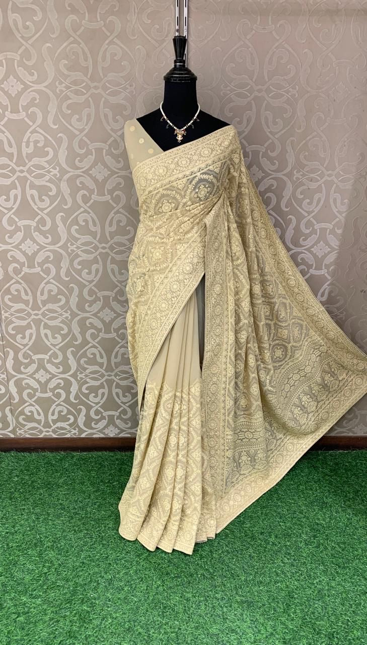 Ivshika Chikankari Saree Georgette saree Indian Pakistani sari blouse SaffronFashion