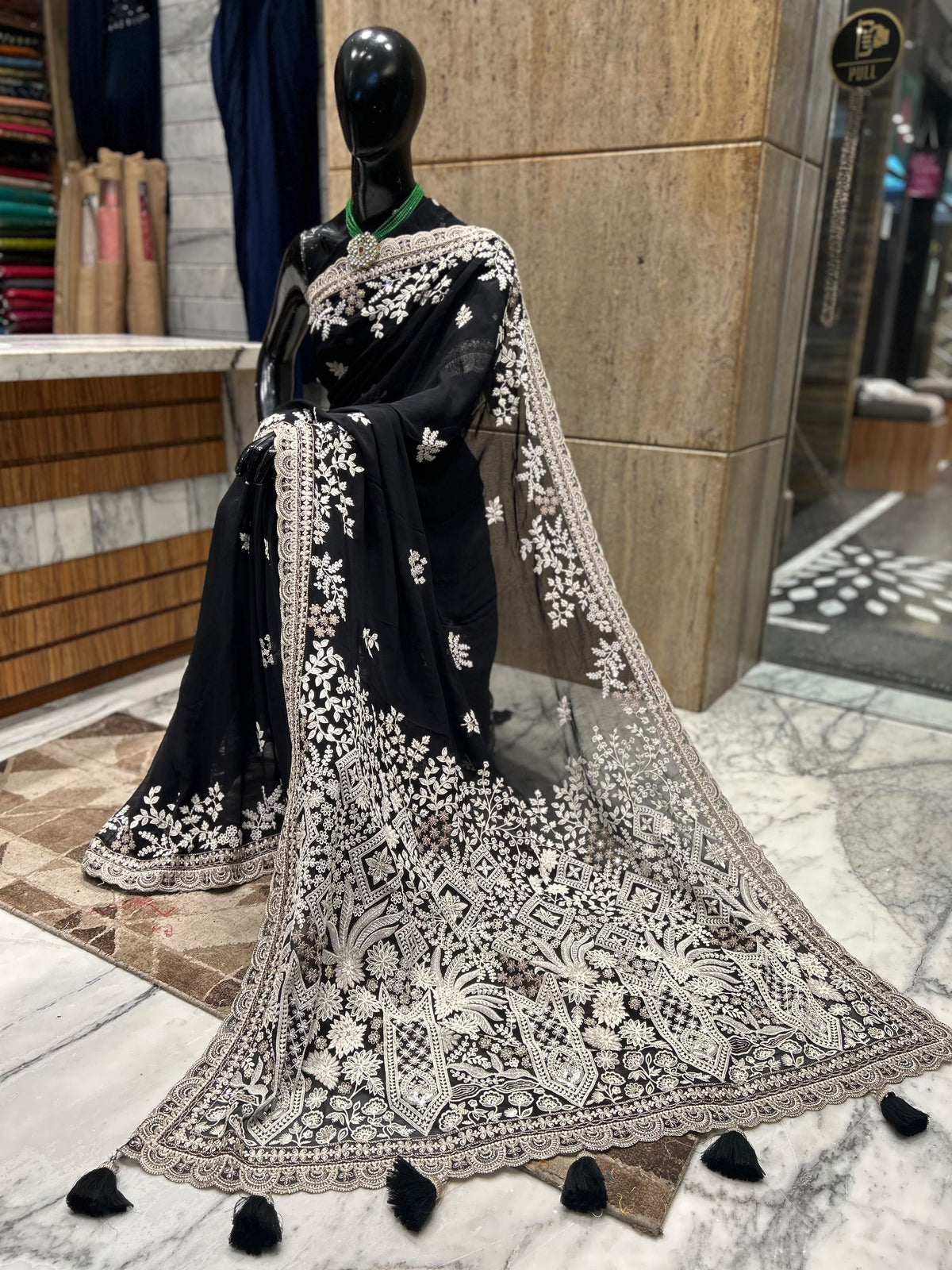 Black designer gorgette saree Lucknowi Parsi saree partywear sari blouse Saffronfashionindia