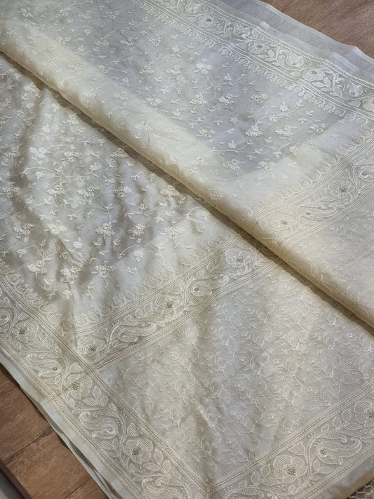 White tussar Kora saree zari silk sarees blouse - Saffronfashionindia