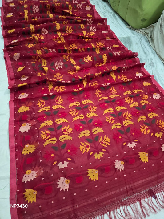 Red Tantuj saree muslin Jamdani saree blouse - Saffronfashionindia