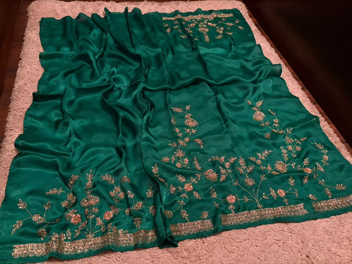 Green premium crepe satin silk saree designer inspired sarees blouse Saffronfashionindia