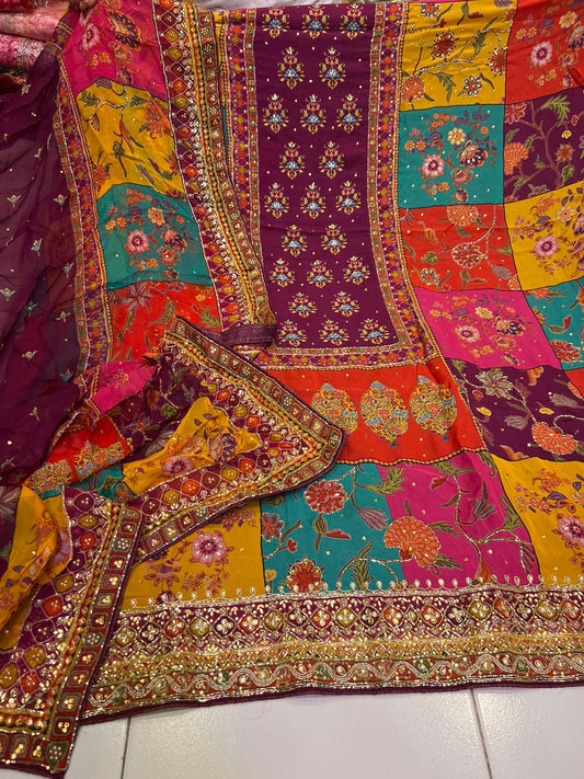 Multicolour organza Pakistani salwar suit - Saffronfashionindia