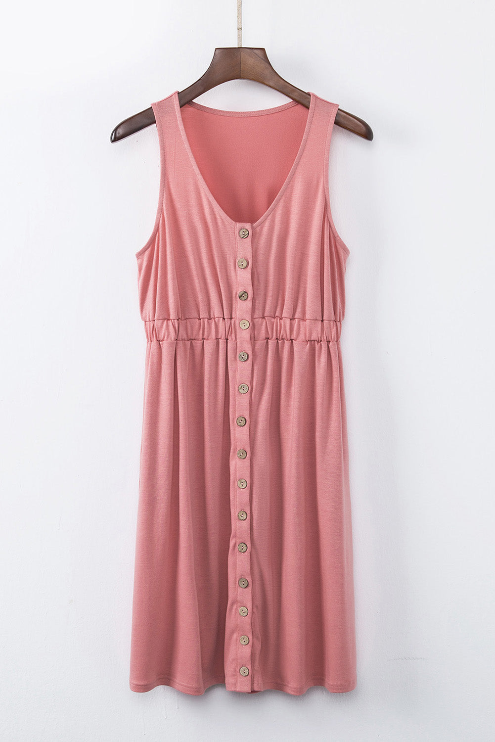Button Front Shirred Waist Casual Tank Summer Black Dress - Saffronfashionindia