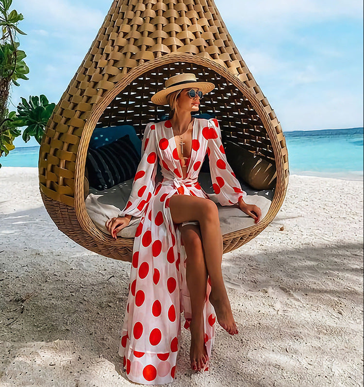 Polka Dot Chiffon Beach Holiday Dress - Saffronfashionindia