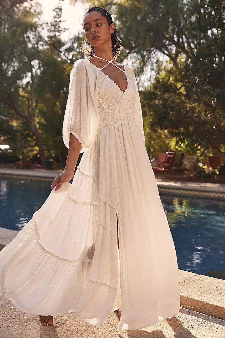 Spring And Summer New Women's V-neck Half Sleeves Dress - Saffronfashionindia