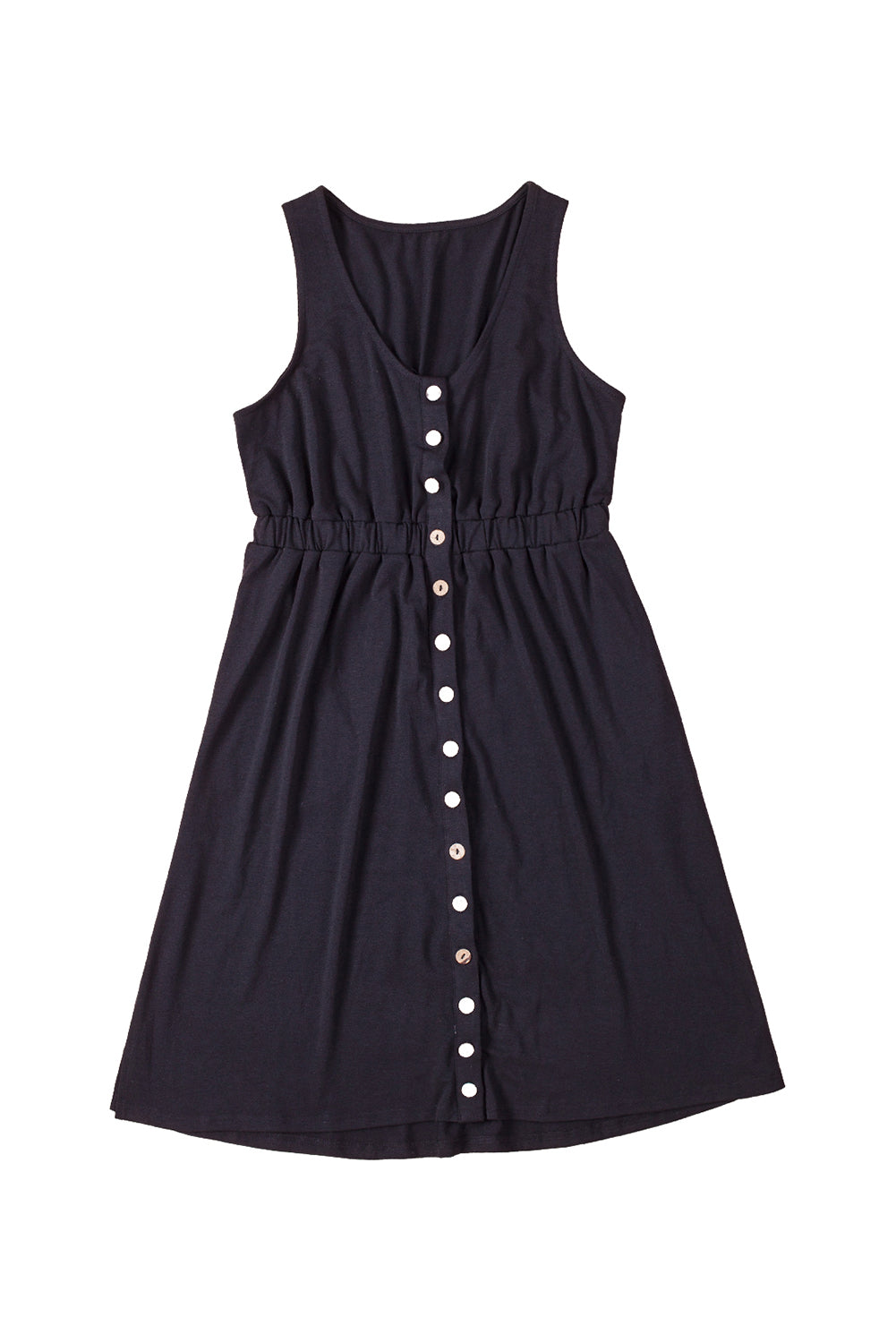 Button Front Shirred Waist Casual Tank Summer Black Dress - Saffronfashionindia
