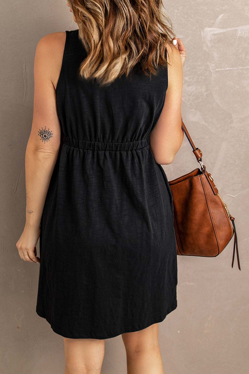 Button Front Shirred Waist Casual Tank Summer Black Dress - Saffronfashionindia