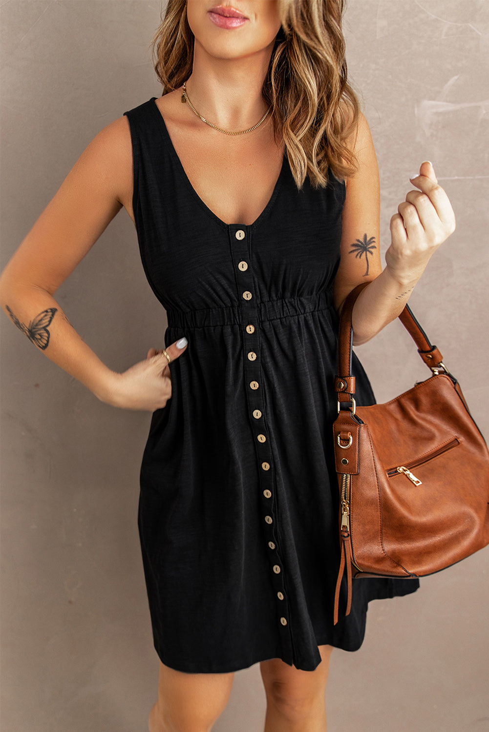 Button Front Shirred Waist Casual Tank Summer Black Dress - Saffronfashionindia