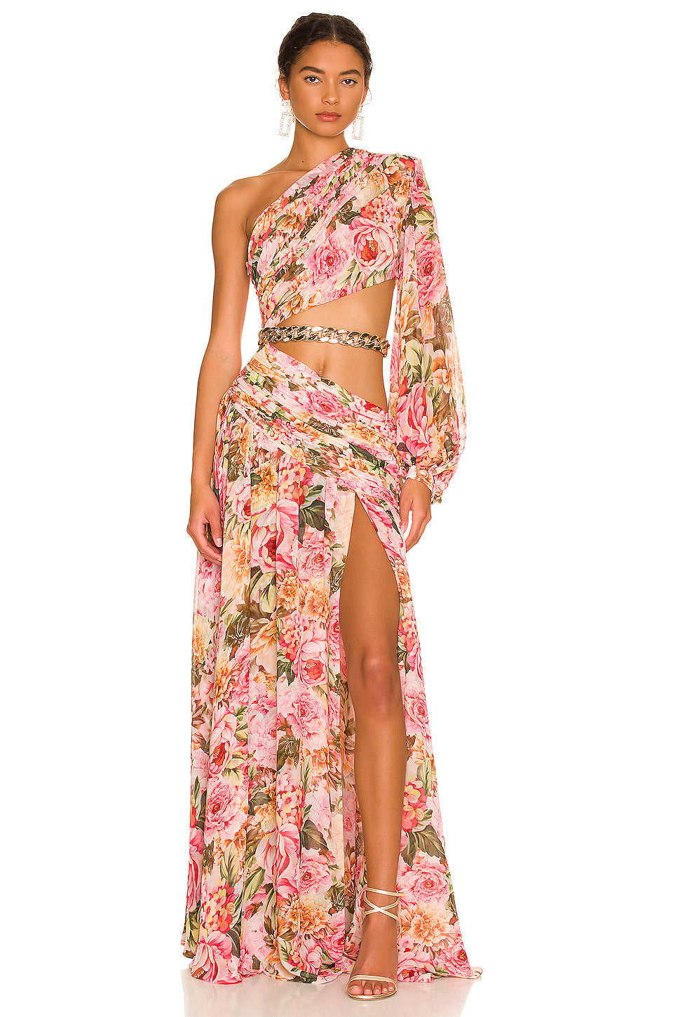 Fashion One-shoulder Bubble Long Sleeve Slim-fit Floral Hollow Split Dress - Saffronfashionindia