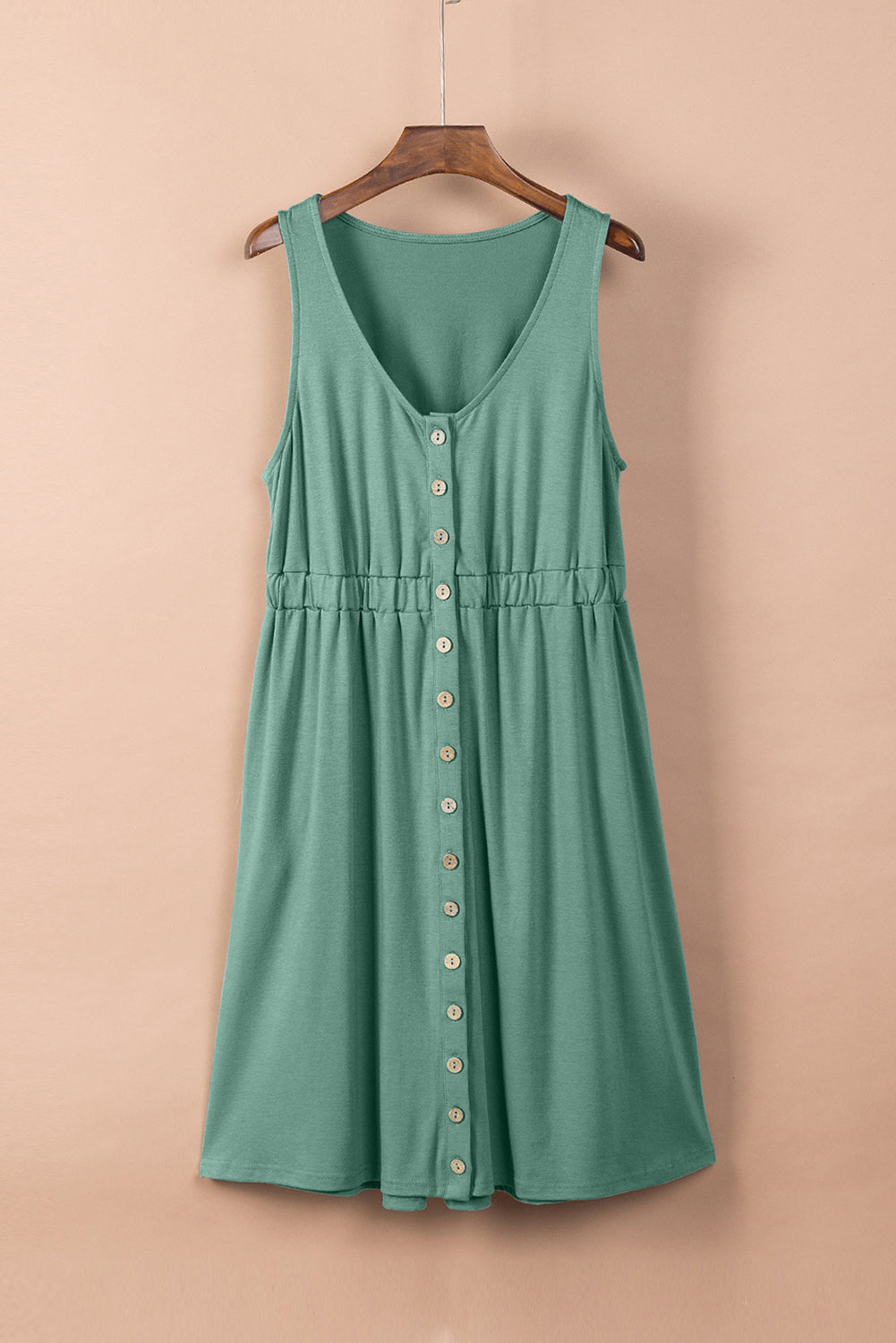 Button Front Shirred Waist Casual Tank Summer Black Dress - Saffronfashionindia