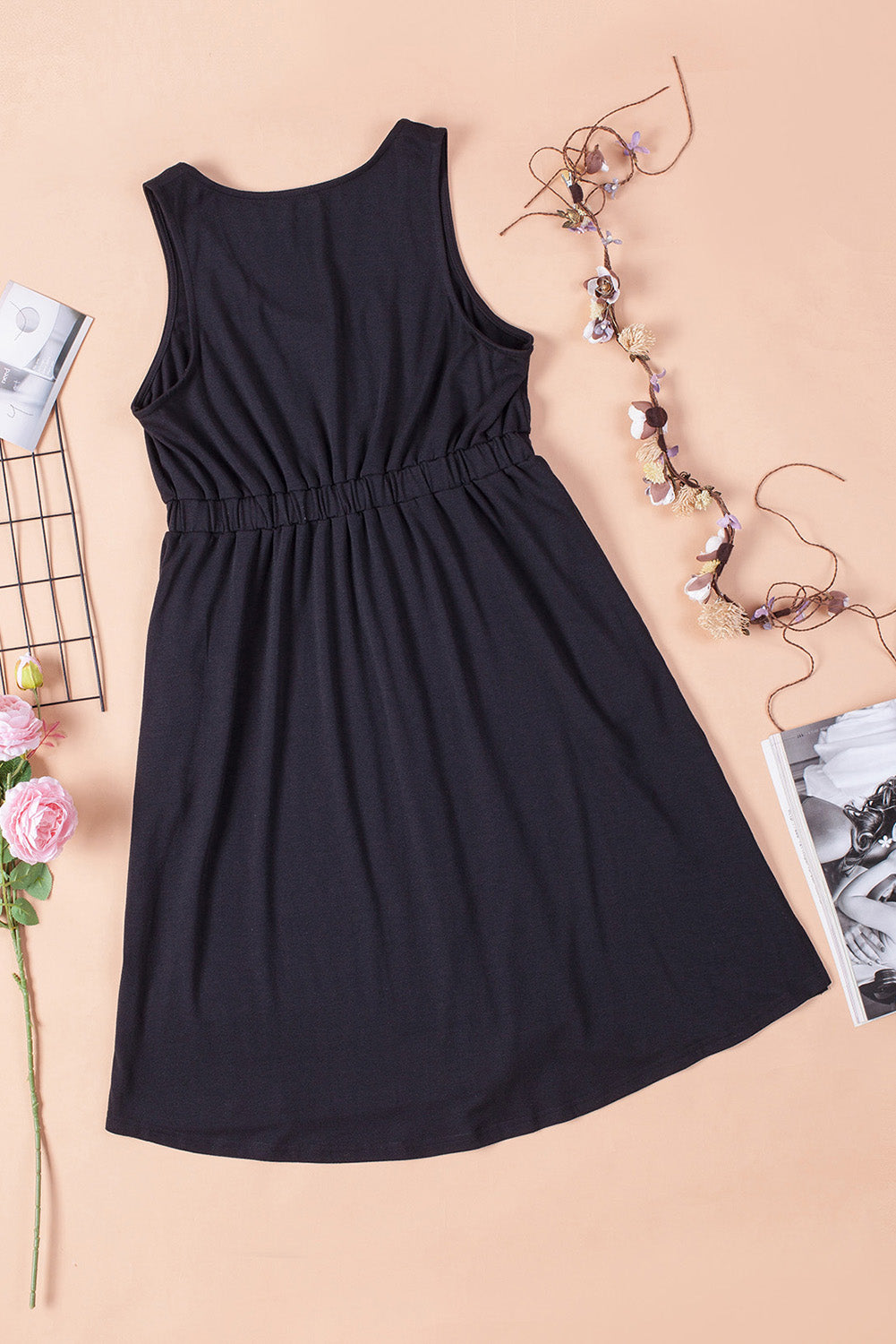 Button Front Shirred Waist Casual Tank Summer Black Dress - Saffronfashionindia