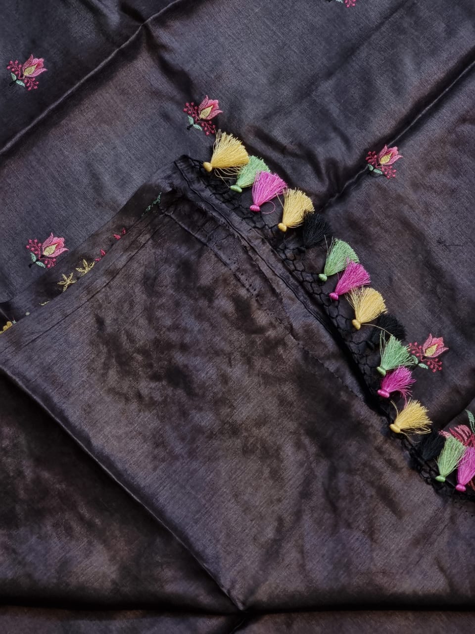 Black tussar silk embroidery saree - Saffronfashionindia