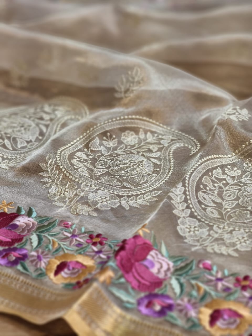 Humraaz tissue silk sari SaffronFashion