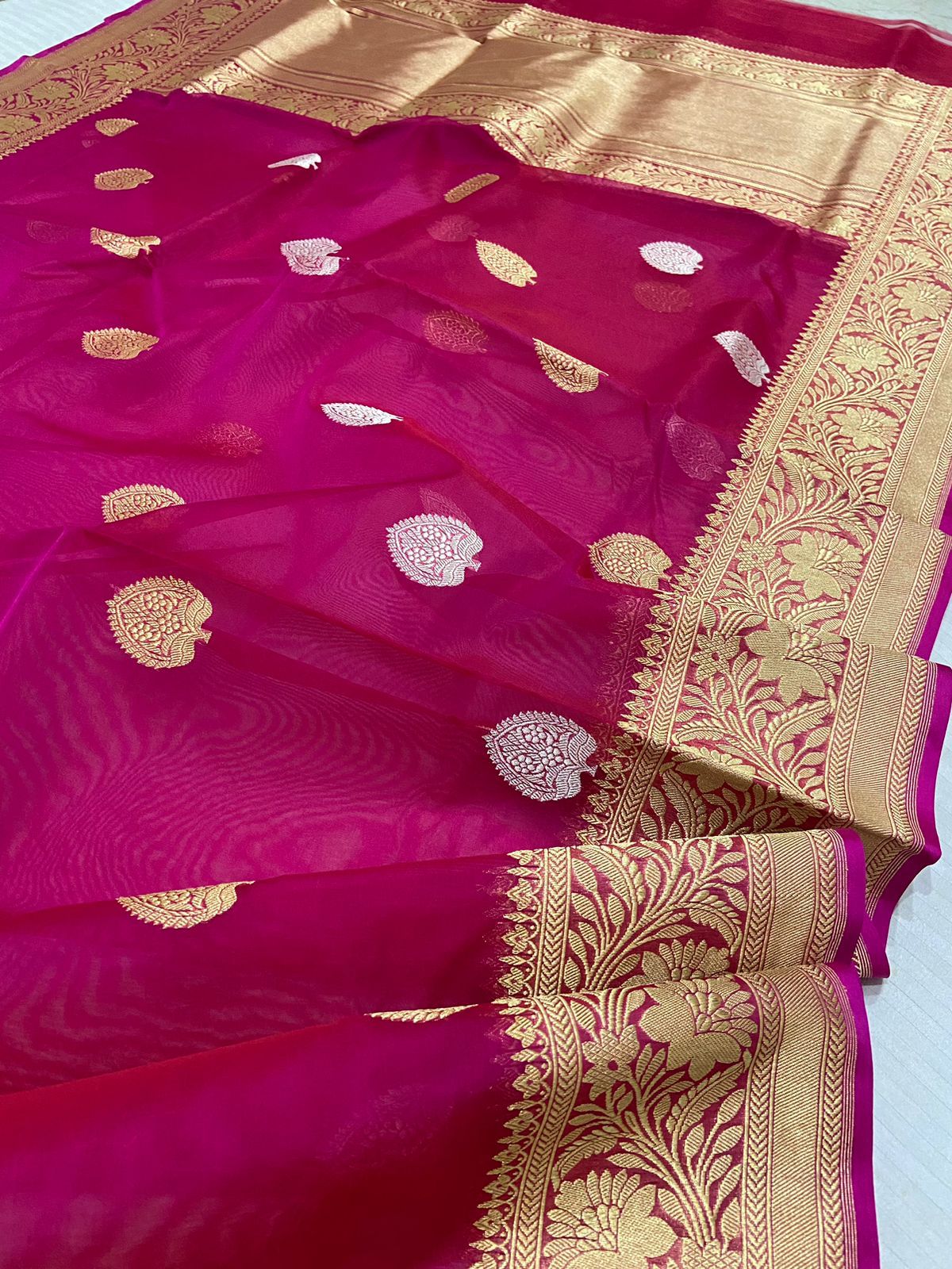 Gulabi Banarsi kora silk sarees - Saffronfashionindia