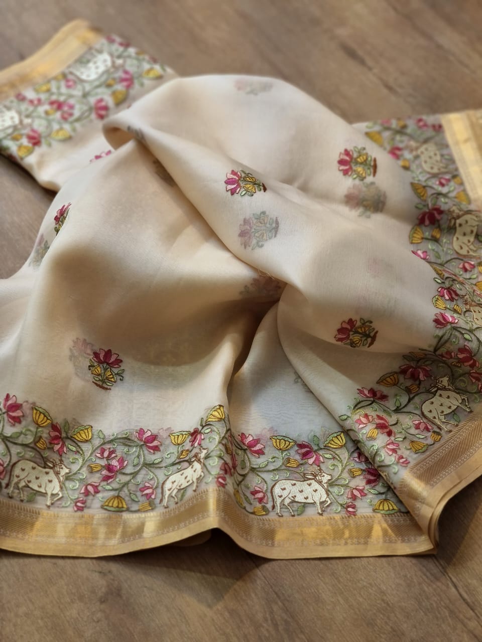 Pichwai based organza Silk saree - Saffronfashionindia