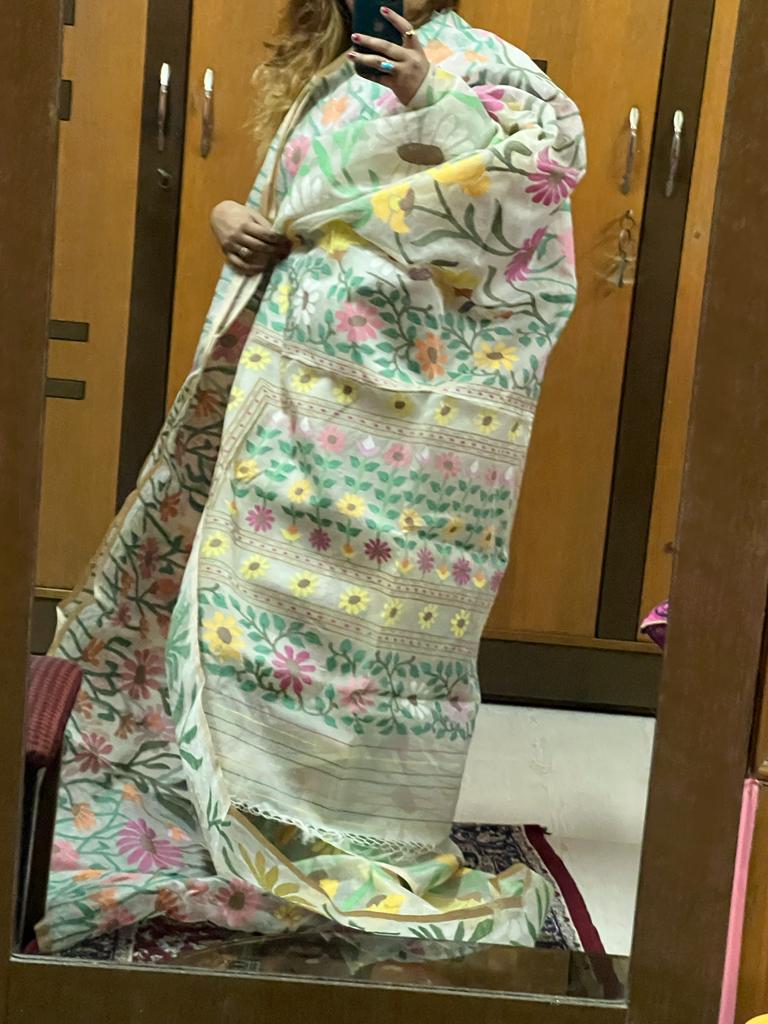 Rupashi tantuj muslin jamdani saree - Saffronfashionindia