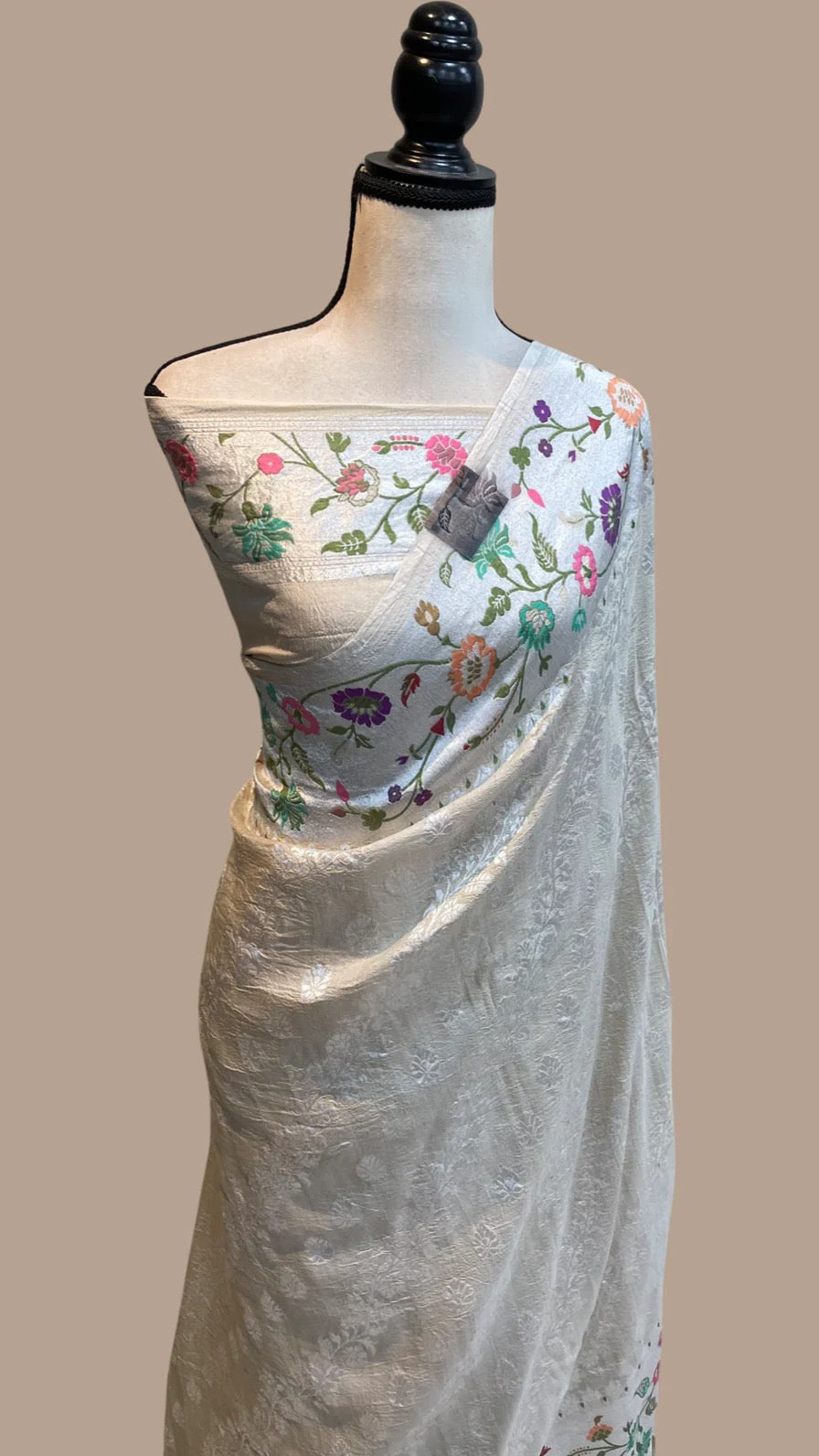 Floral gorgette tussar embroidery saree - Saffronfashionindia