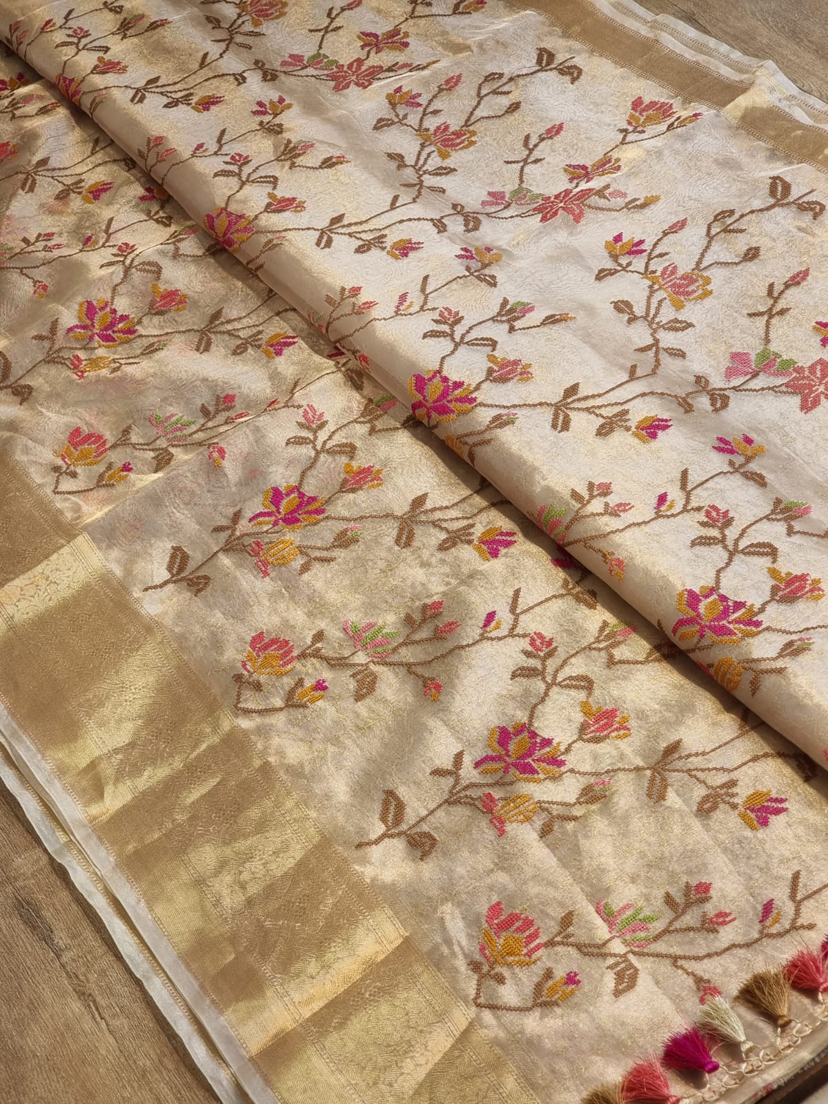 Embroidered tissue silk organza sari - Saffronfashionindia