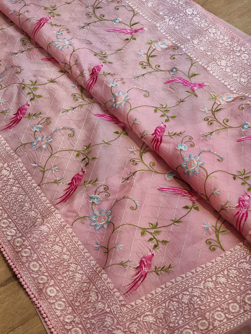 Organza silk Parsi embroidered sari - Saffronfashionindia