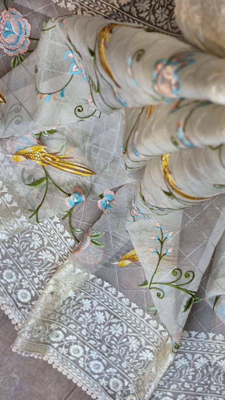 Organza silk Parsi embroidered sari - Saffronfashionindia
