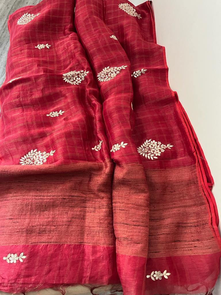 Linen gottapatti zardosi saree SaffronFashion