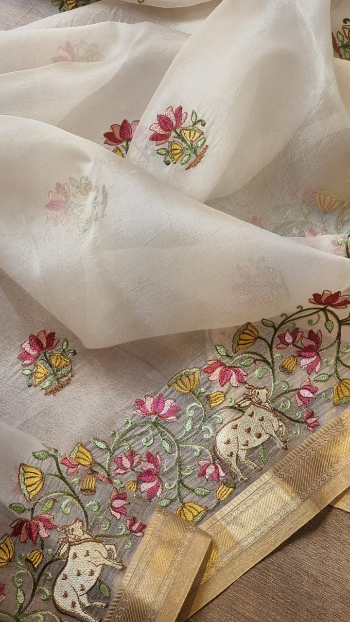 Pichwai based organza Silk saree - Saffronfashionindia