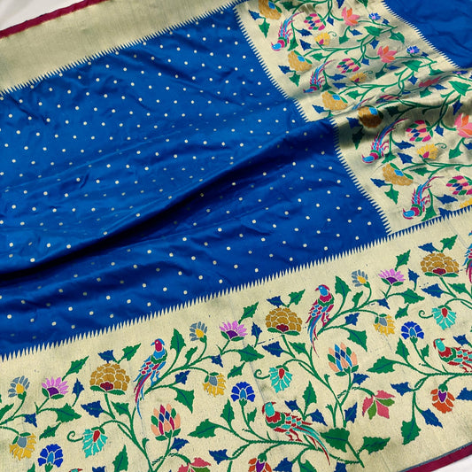 Meenakari handwoven blue Katan silk saree - Saffronfashionindia